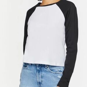 PINK Victoria's Secret Black White Ragland Long Sleeve Cropped Top T-Shirt Sz XL